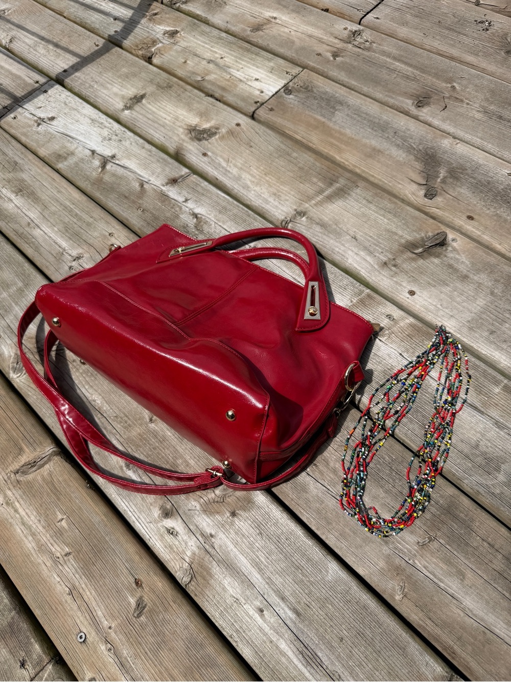Red Faux Leather Satchel Handbag + Multicolor Layered Beaded Necklace Set